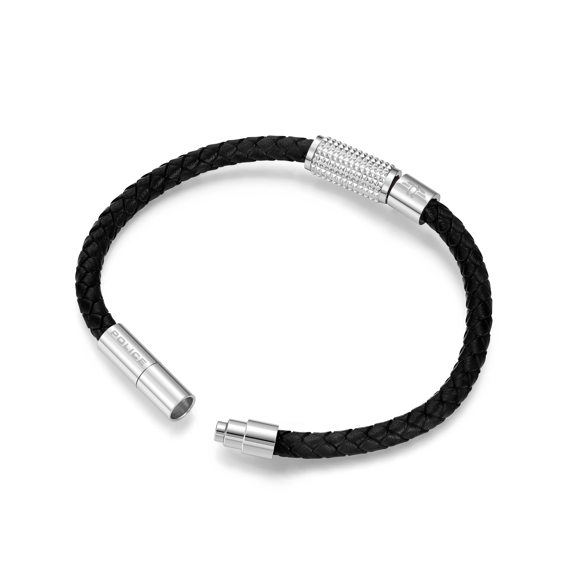 POLICE URBAN TEXTURE SHINY SS CHARMS BLACK LEATHER BRACELET - Image 2