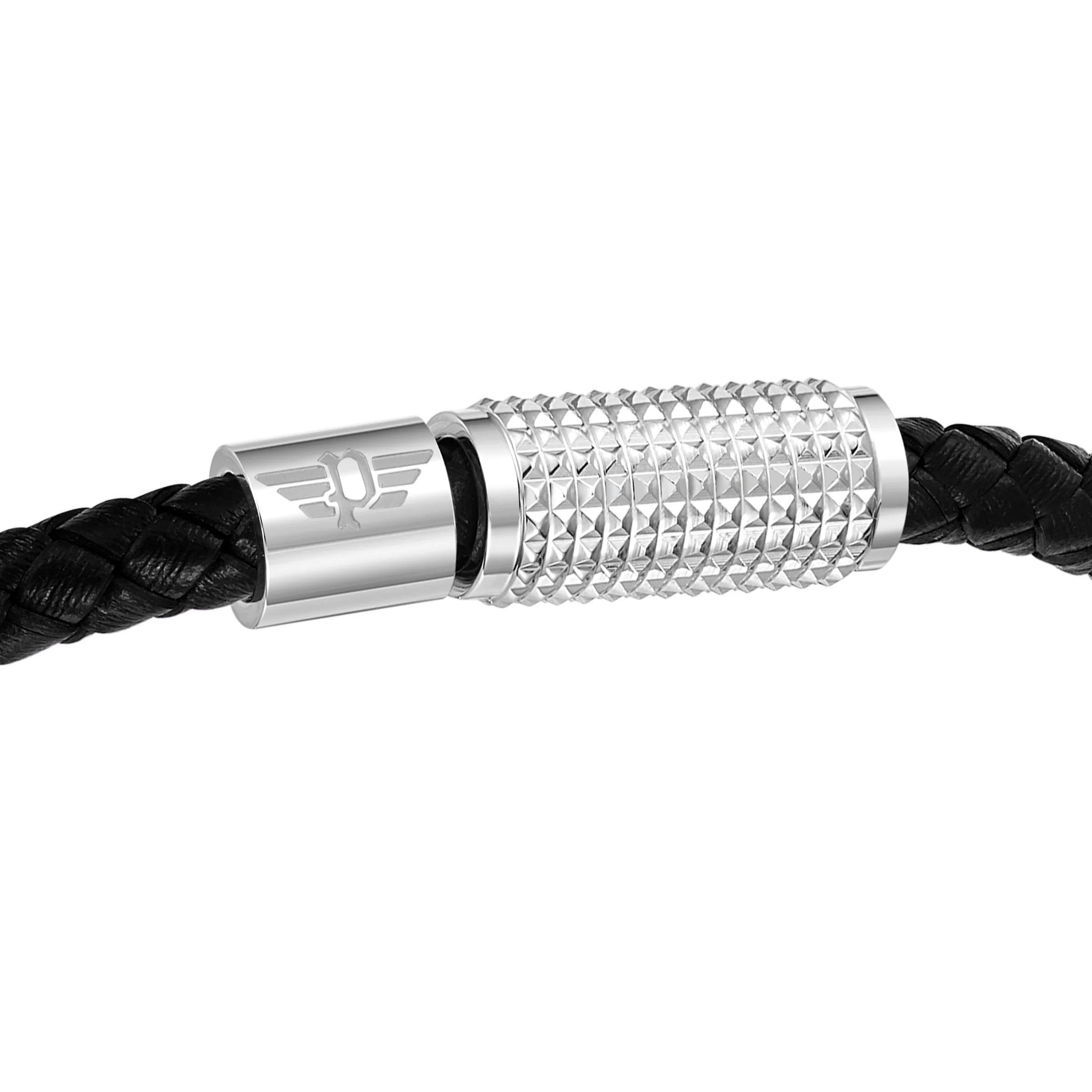POLICE URBAN TEXTURE SHINY SS CHARMS BLACK LEATHER BRACELET - Image 3