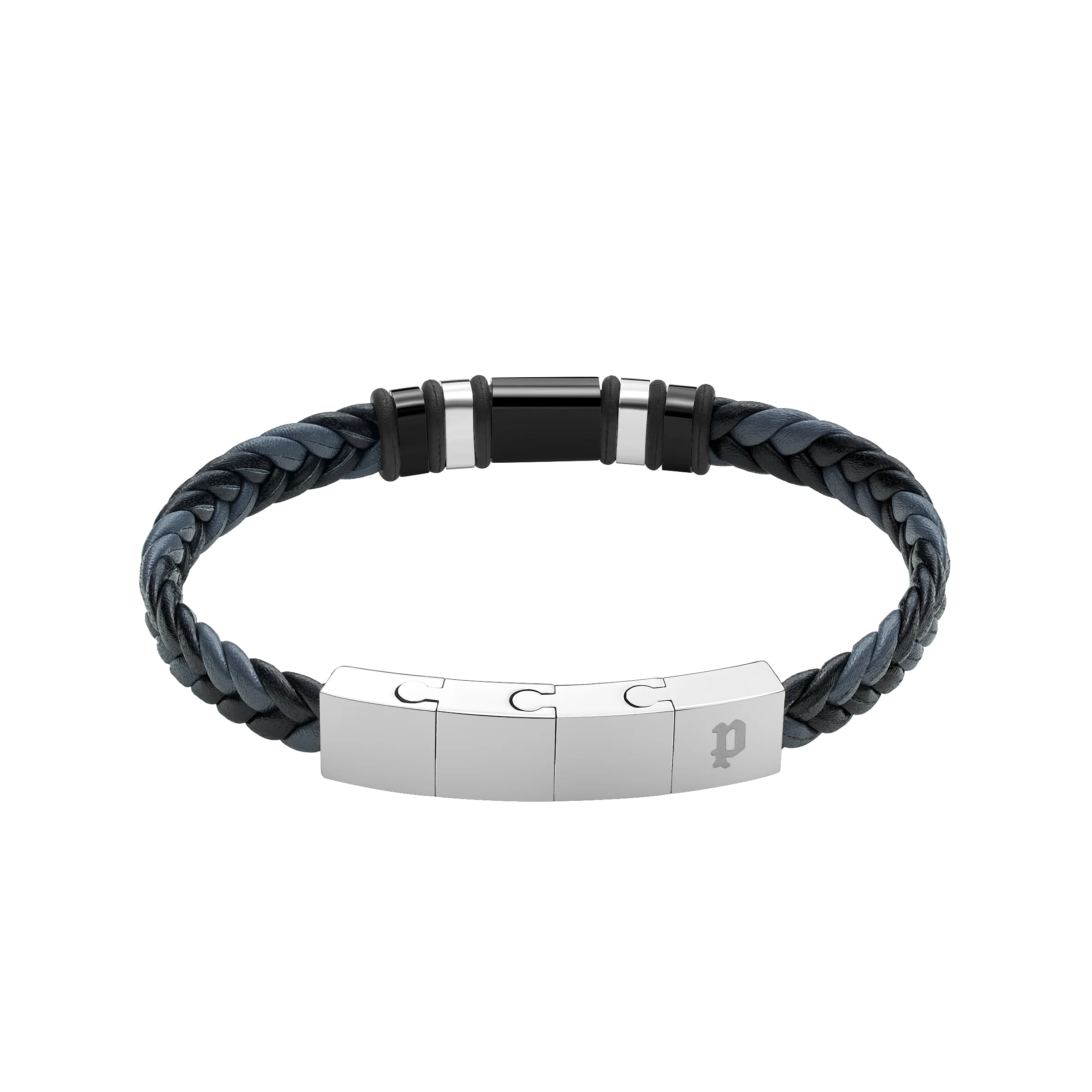 Police Wavebreaker Stainless Steel Bracelet with Black Wing Logo Plaque and Bi-Color Leather Strap - Image 2
