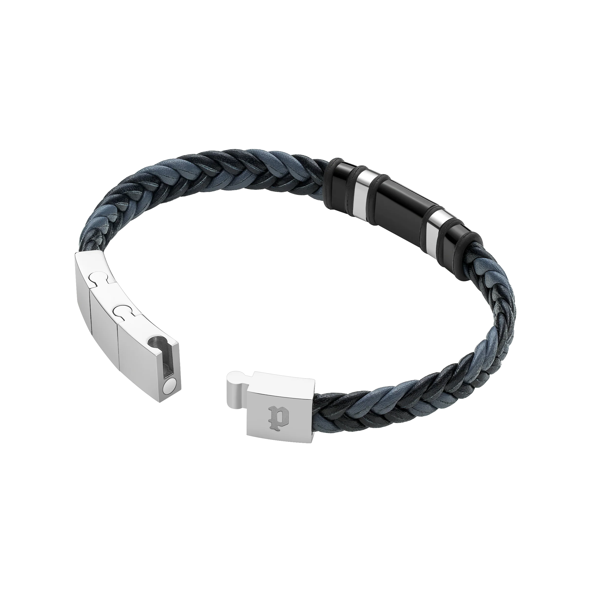 Police Wavebreaker Stainless Steel Bracelet with Black Wing Logo Plaque and Bi-Color Leather Strap - Image 3