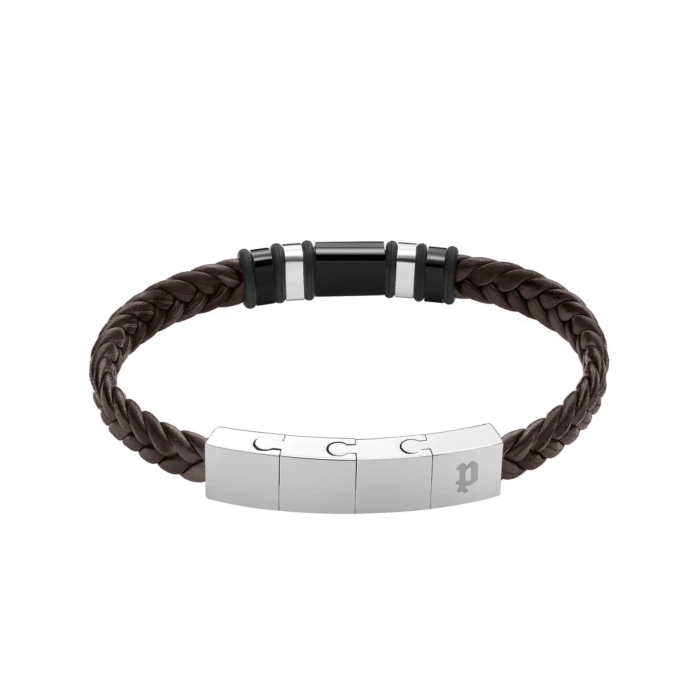 Police Wavebreaker Stainless Steel Bracelet with Black Wing Logo Plaque and Brown Leather Strap - Image 2