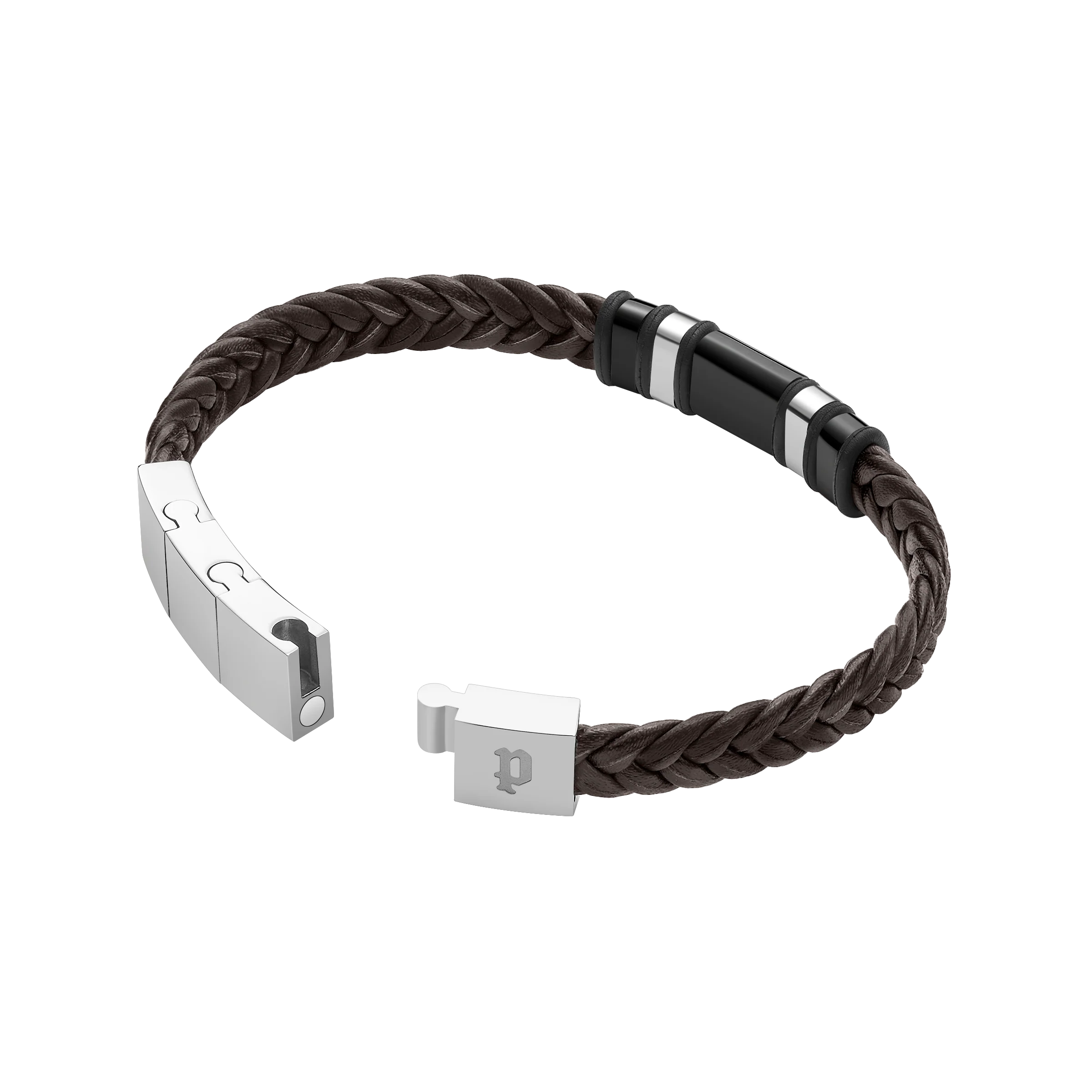Police Wavebreaker Stainless Steel Bracelet with Black Wing Logo Plaque and Brown Leather Strap - Image 3