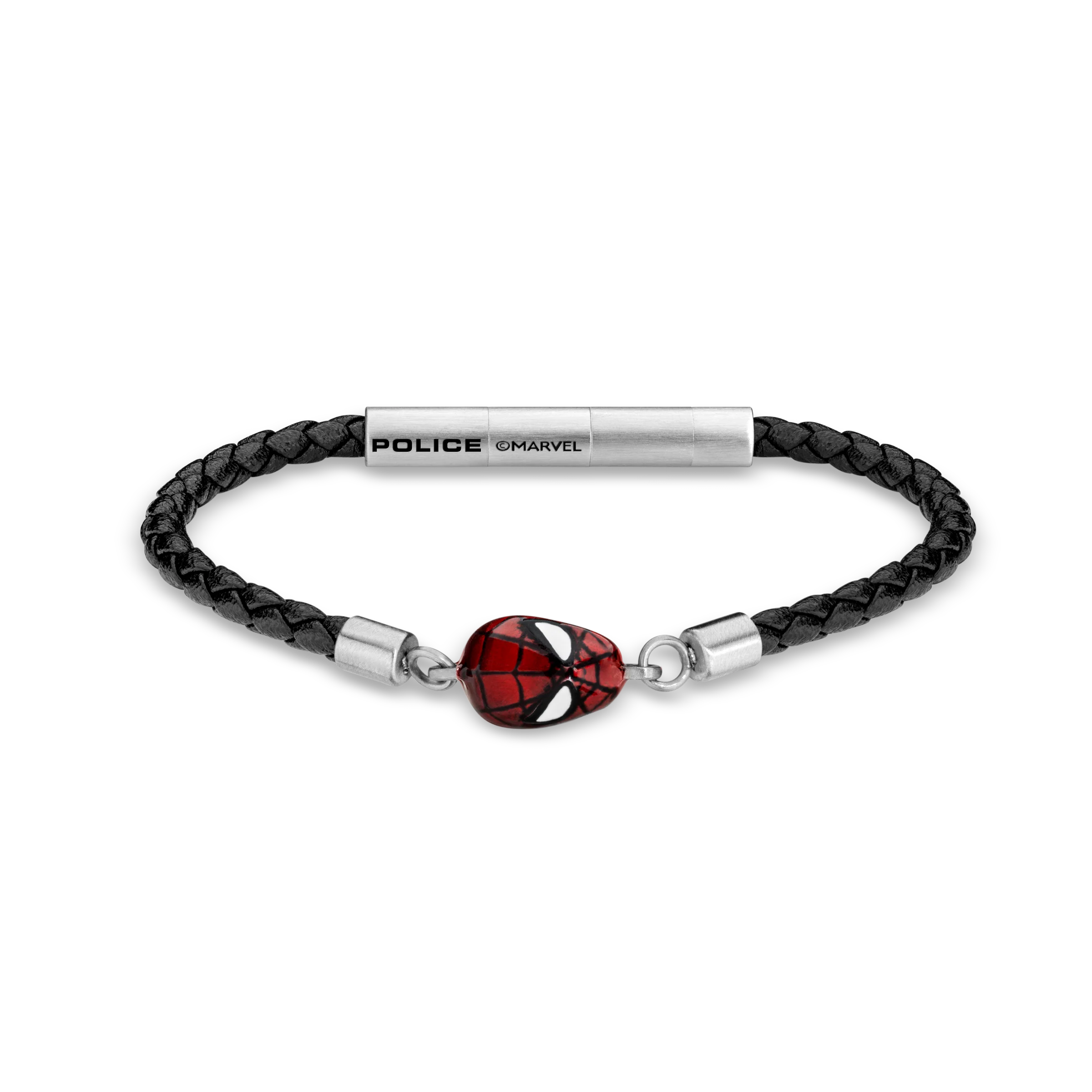 Police Webslinger Limited Edition Black Leather Bracelet with Stainless Steel and Red Accents - Image 2