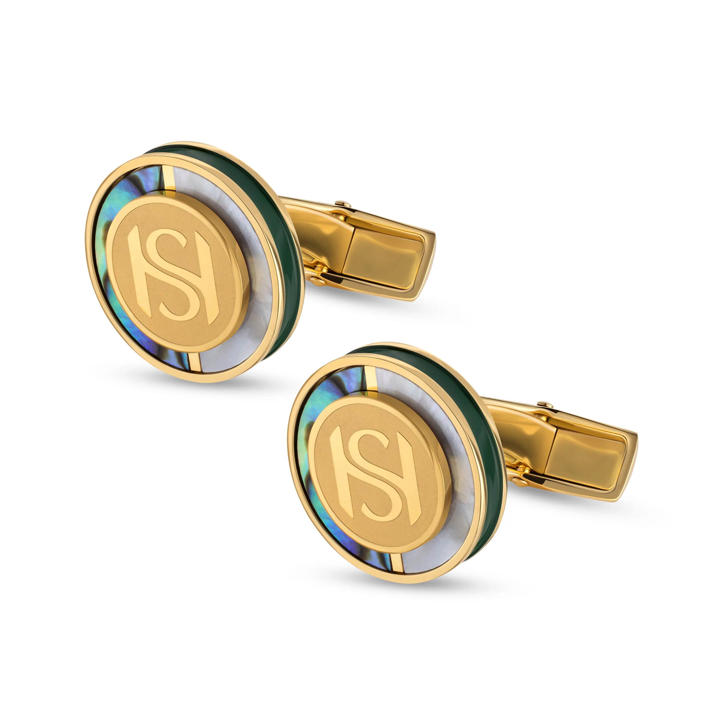 Saint Honore Mother of Pearl Dark Green Cufflinks with Polished Gold Plating - Image 2