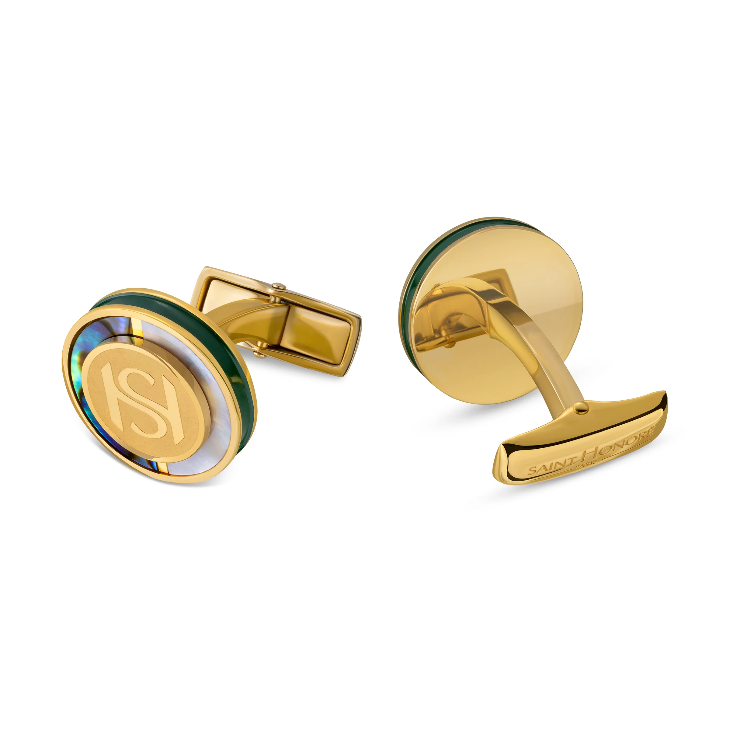 Saint Honore Mother of Pearl Dark Green Cufflinks with Polished Gold Plating - Image 3